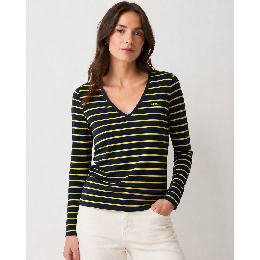 Lauren Ralph Lauren‎ Stripe Top Womens L Navy Yellow V-Neck Long Sleeve LRL Logo